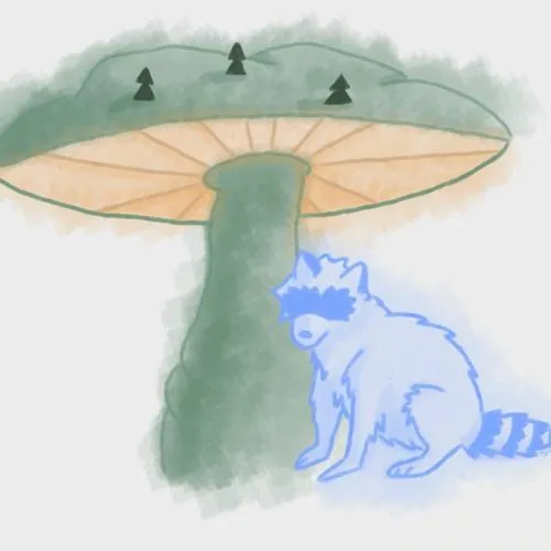 mycelium music brand logo, a drawing of a blue raccoon sitting under a large green and yellow mushroom