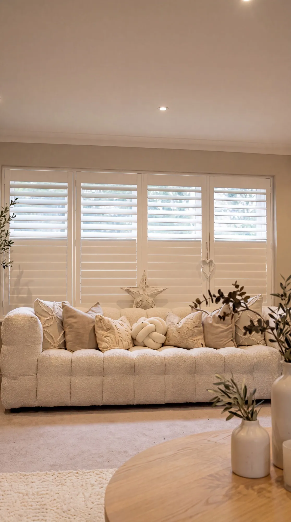 Full height white shutters behind a cream sofa in a living room