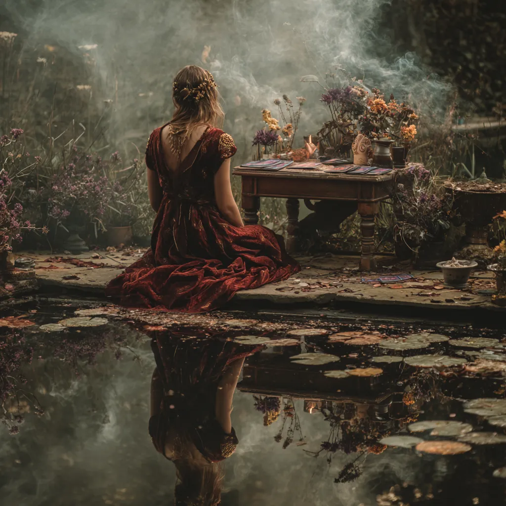a woman seeing herself reflected from a pond of water a small table is close by with tarot cards and a small alter with crystals, flowers, and smoke is rising from incense