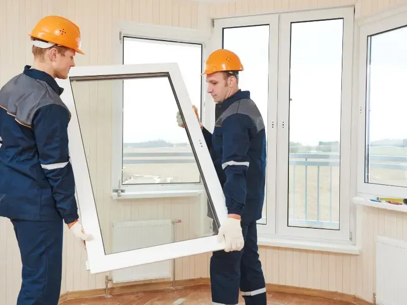 Two installers carrying a glass panel into place while building out a screen room.