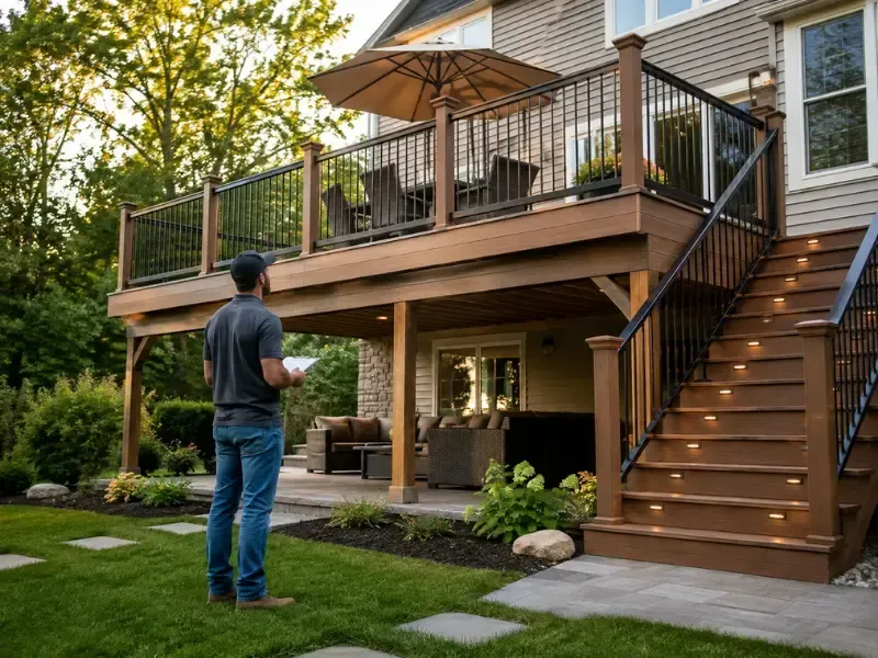 Contractor with clipboard inspecting a two-story wood deck with stair lighting and outdoor seating area.