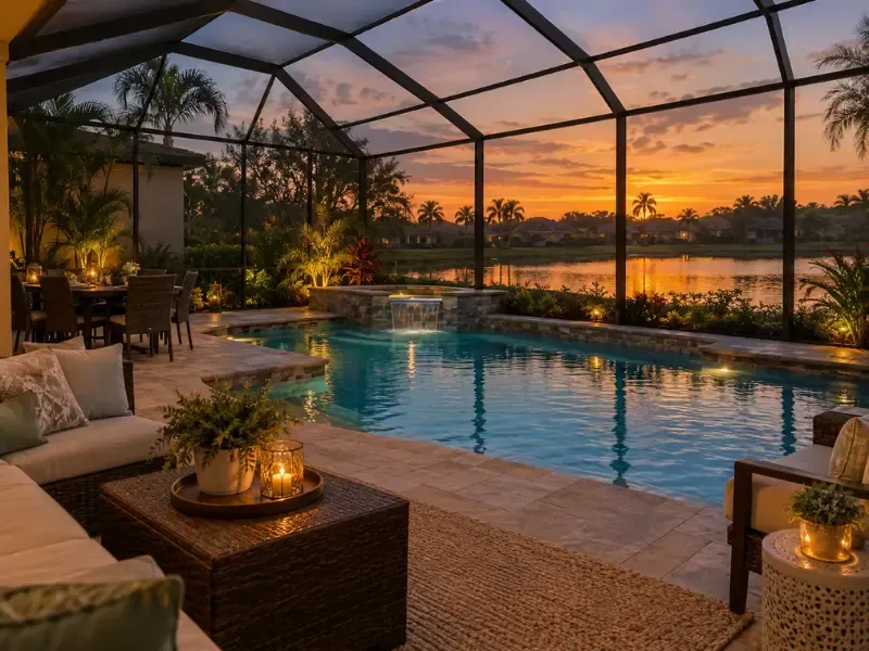 Sunset view through a screened pool enclosure with lounge seating and a waterfall spa overlooking a lake.