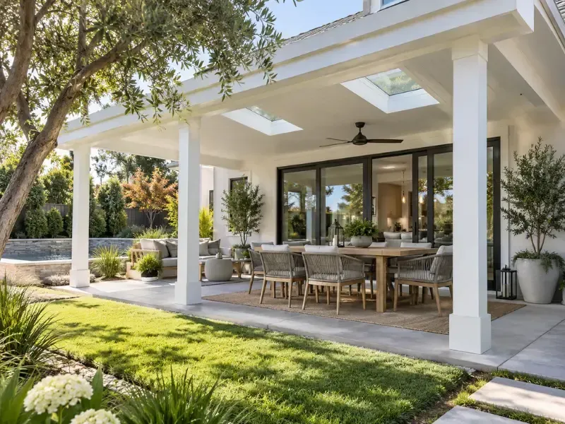 White covered patio with skylight panels, a ceiling fan, and an outdoor dining table surrounded by string-tie chairs.