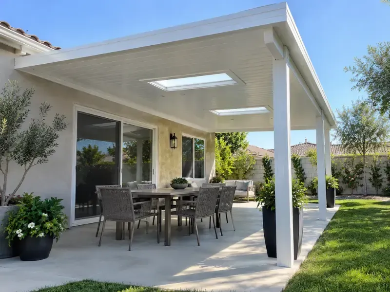 White aluminum patio cover with two skylights over an outdoor dining area with wicker chairs and a wooden table.
