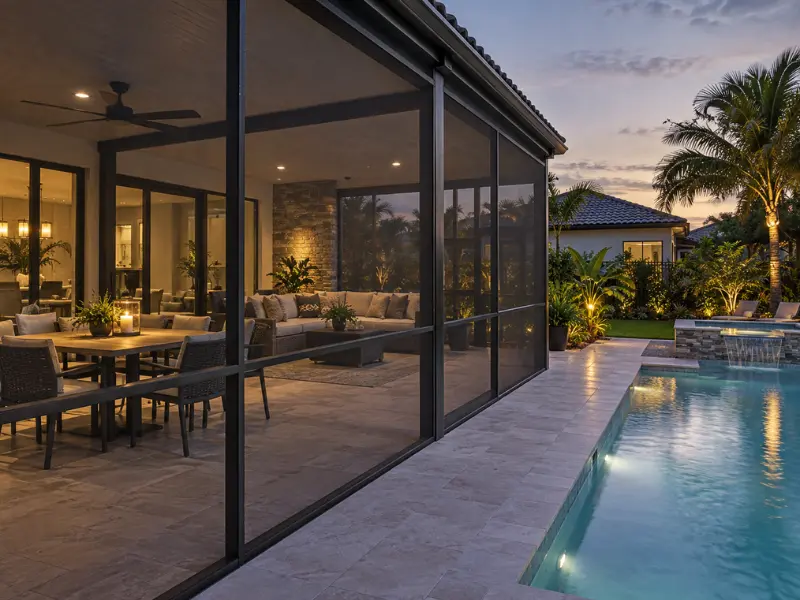 Screened-in lanai with dining and lounge seating illuminated at dusk beside a backyard pool with palm trees.