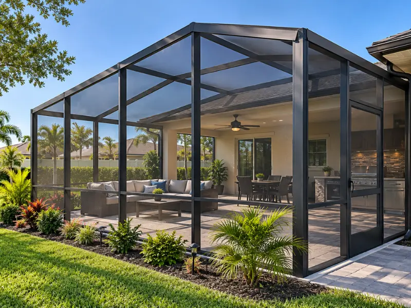 Custom screen enclosure with pitched roof over a patio featuring a sectional sofa and outdoor kitchen.