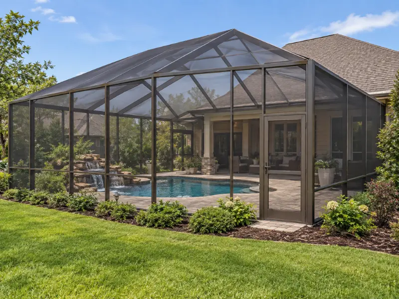 Screened pool enclosure with a gabled glass roof covering a backyard pool and stone waterfall feature.