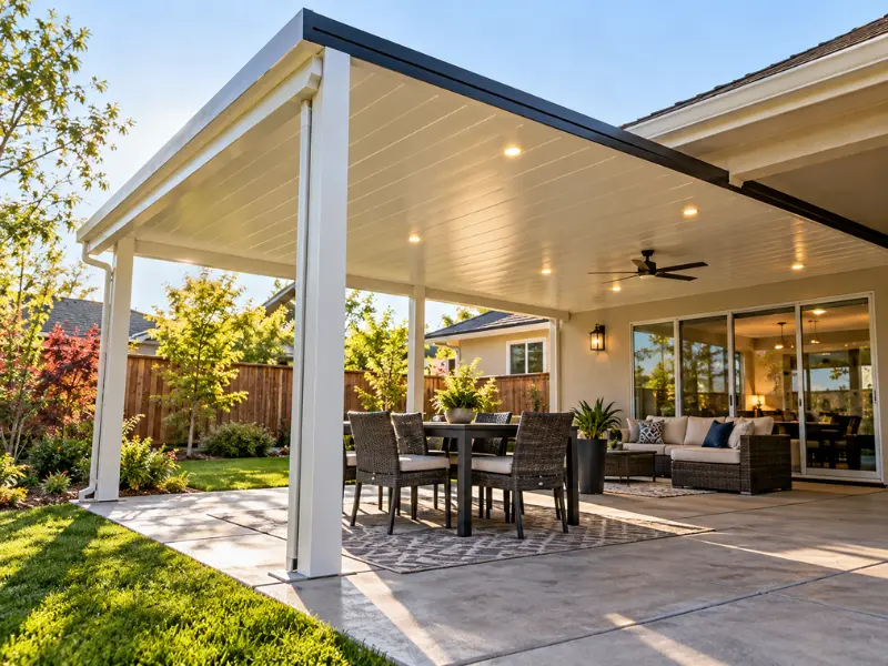 White aluminum patio cover attached to a house, shading a wicker dining set with recessed lighting and ceiling fan.