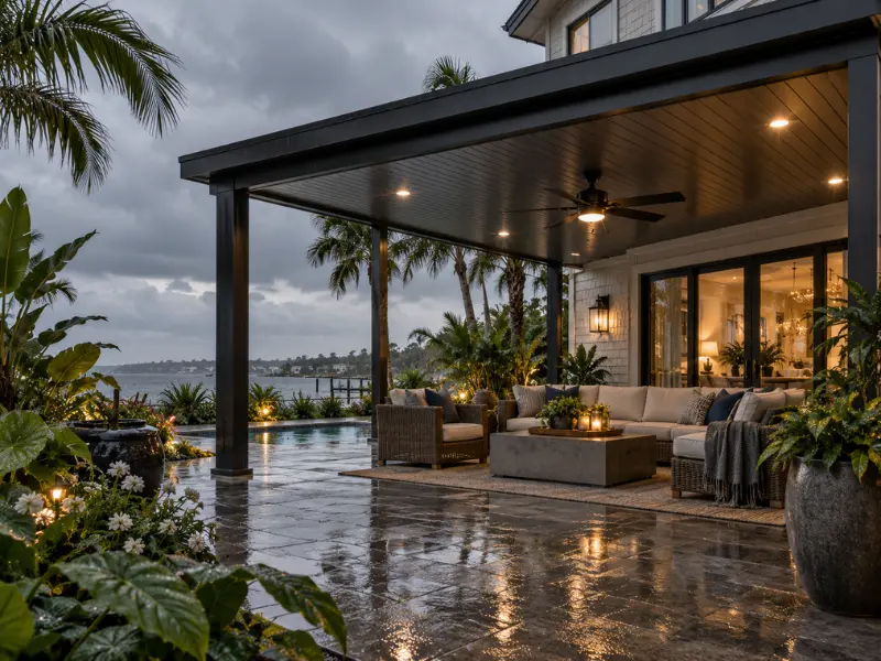 Dark insulated patio cover keeping a lounge area dry during rain beside a backyard pool with a ceiling fan overhead.