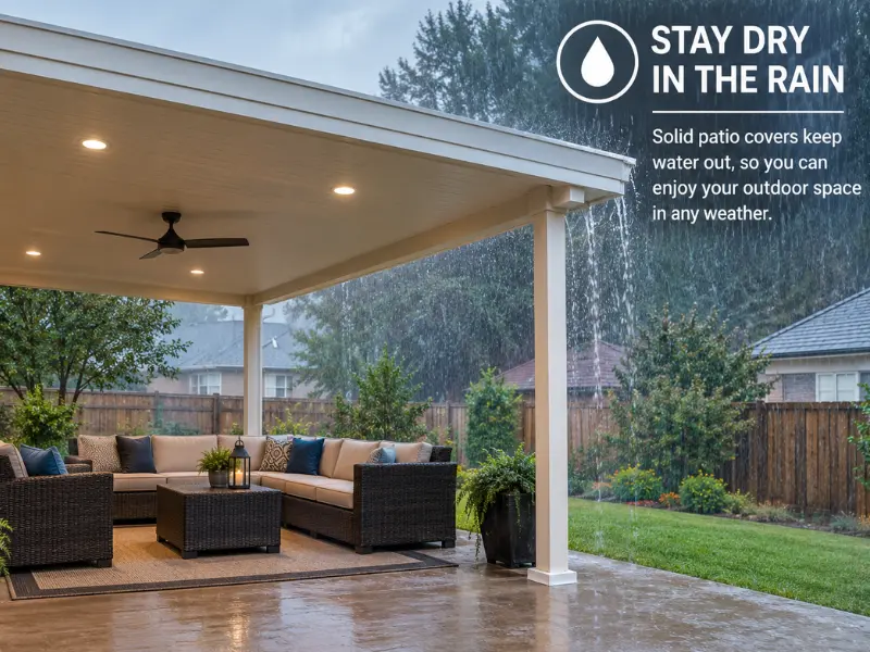 Solid patio cover with recessed lights and a ceiling fan sheltering a sectional sofa and coffee table while heavy rain falls on the backyard.
