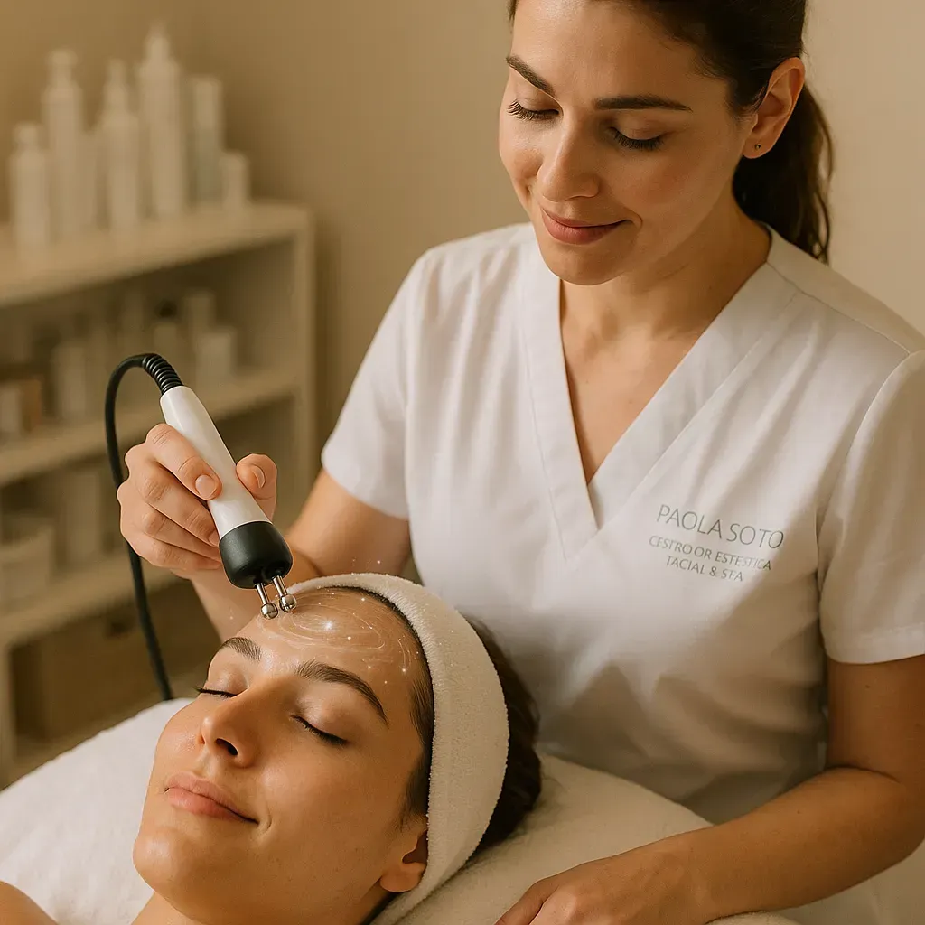 Close-up of a smiling woman receiving a facial treatment with multiple specialized tools and devices around her face.