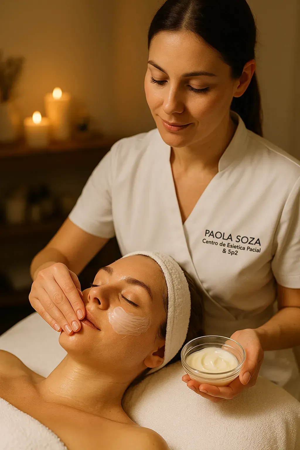 Profile view of a relaxed woman having a yellow peeling solution applied to her forehead with a brush.