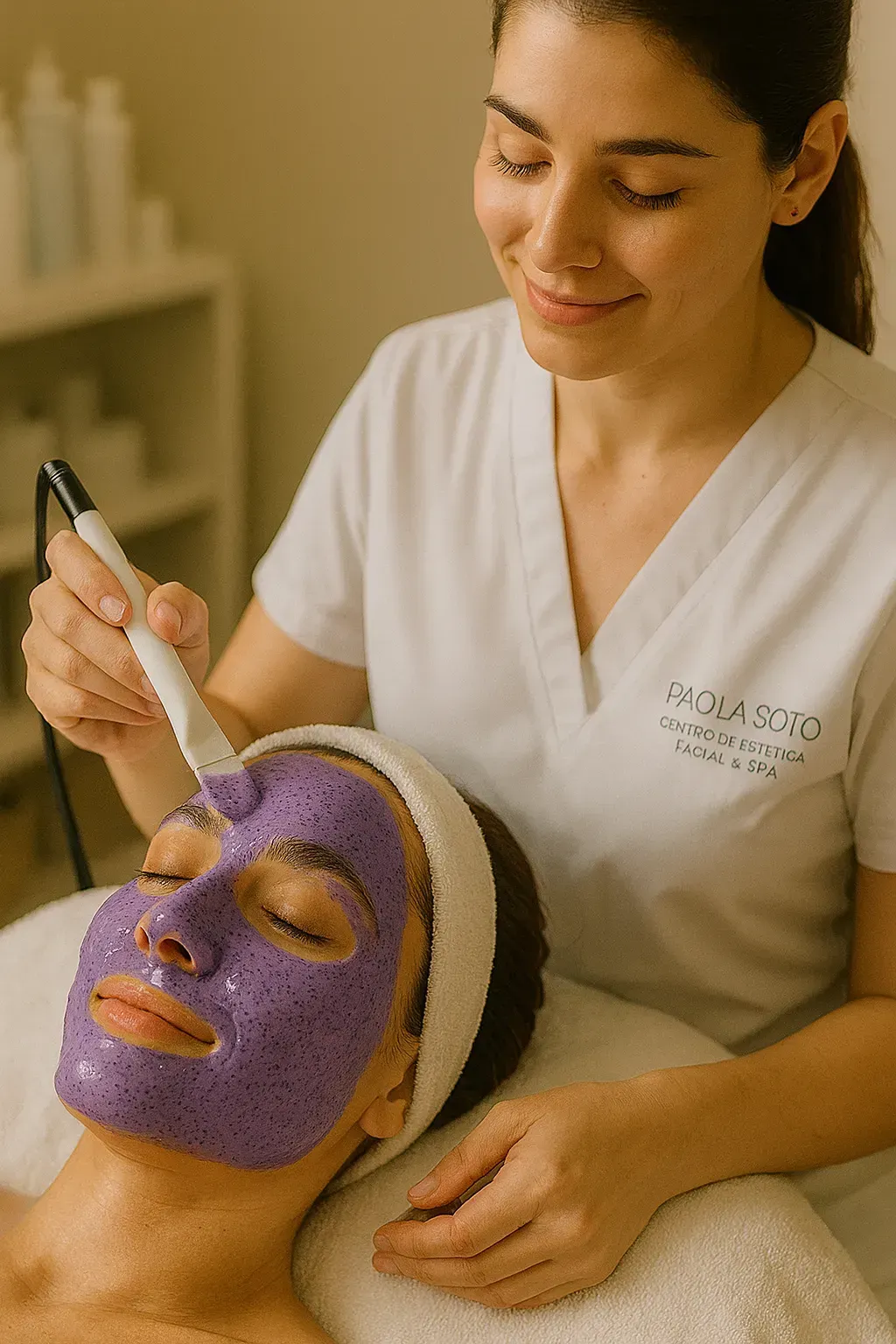 Top-down view of a woman wearing a hairnet, getting a green algae mask applied to her face with a brush.