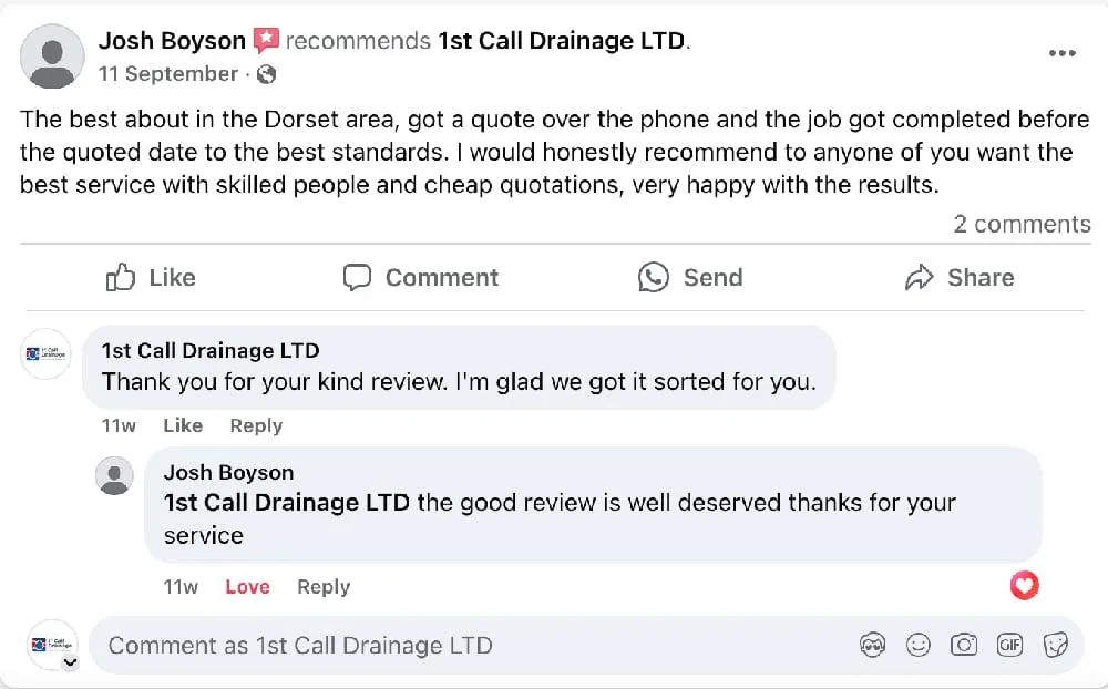 Facebook customer review of 1st Call Drainage's blocked drains service in Bournemouth, displaying positive feedback 