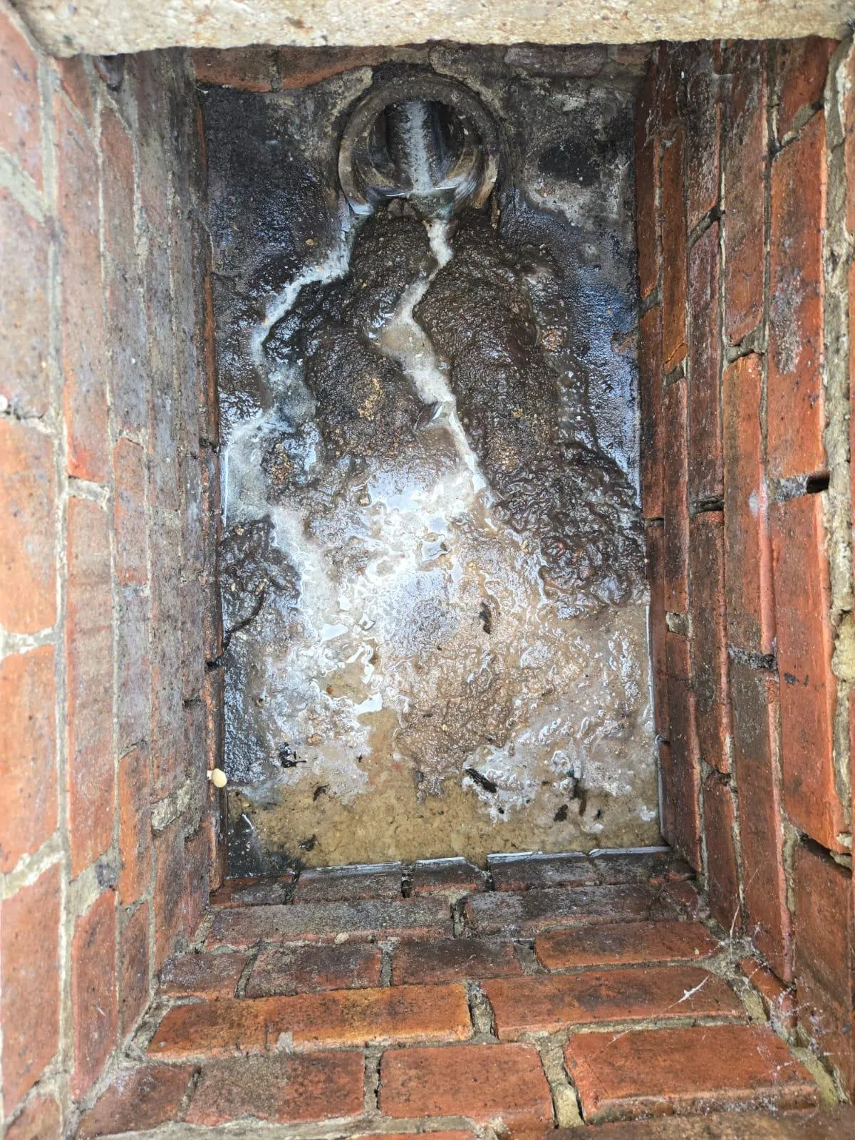 Manhole containing foul sewage buildup due to a blocked drain requiring professional clearance.