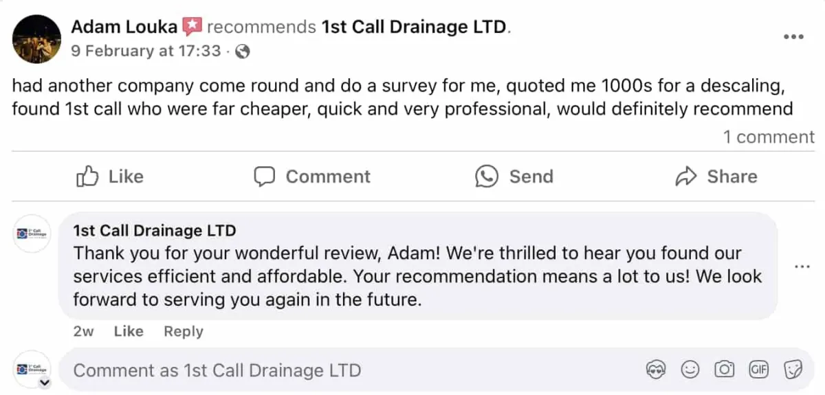 Additional Facebook review from a happy customer praising quality of drainage service.