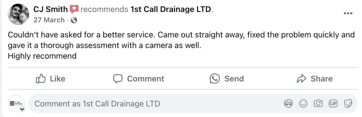 Screenshot of glowing Facebook review praising 1st Call Drainage's exceptional drain repair service in Bournemouth.