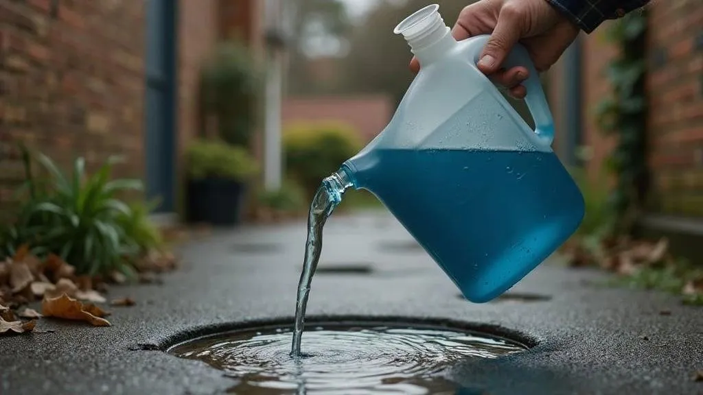 Property owner pouring chemical drain cleaner into blocked drain before considering who to call about a blocked drain in Bournemouth