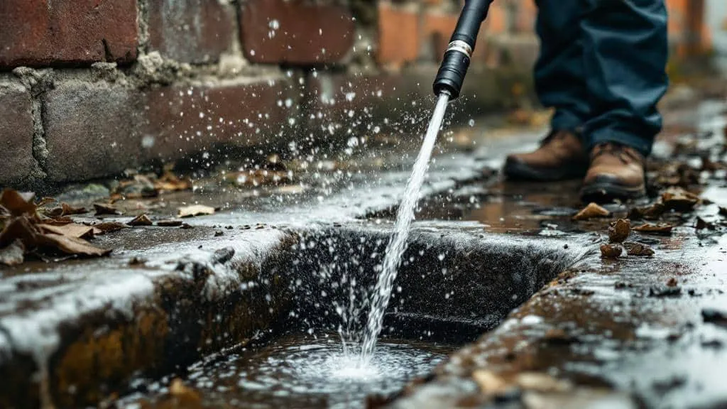 Professional jetting hose cleaning a blocked drain - expert drainage service clearing blockages in Bournemouth