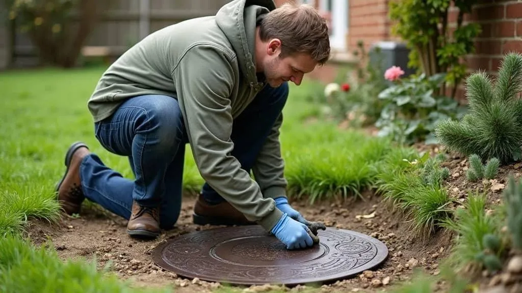 Homeowner lifting manhole cover to inspect drain in Bournemouth.