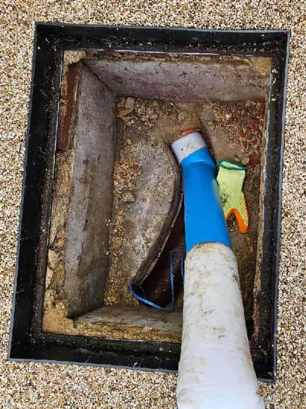 Pipe lining balloon inflated inside a drain during CIPP (Cured-In-Place-Pipe) rehabilitation process.