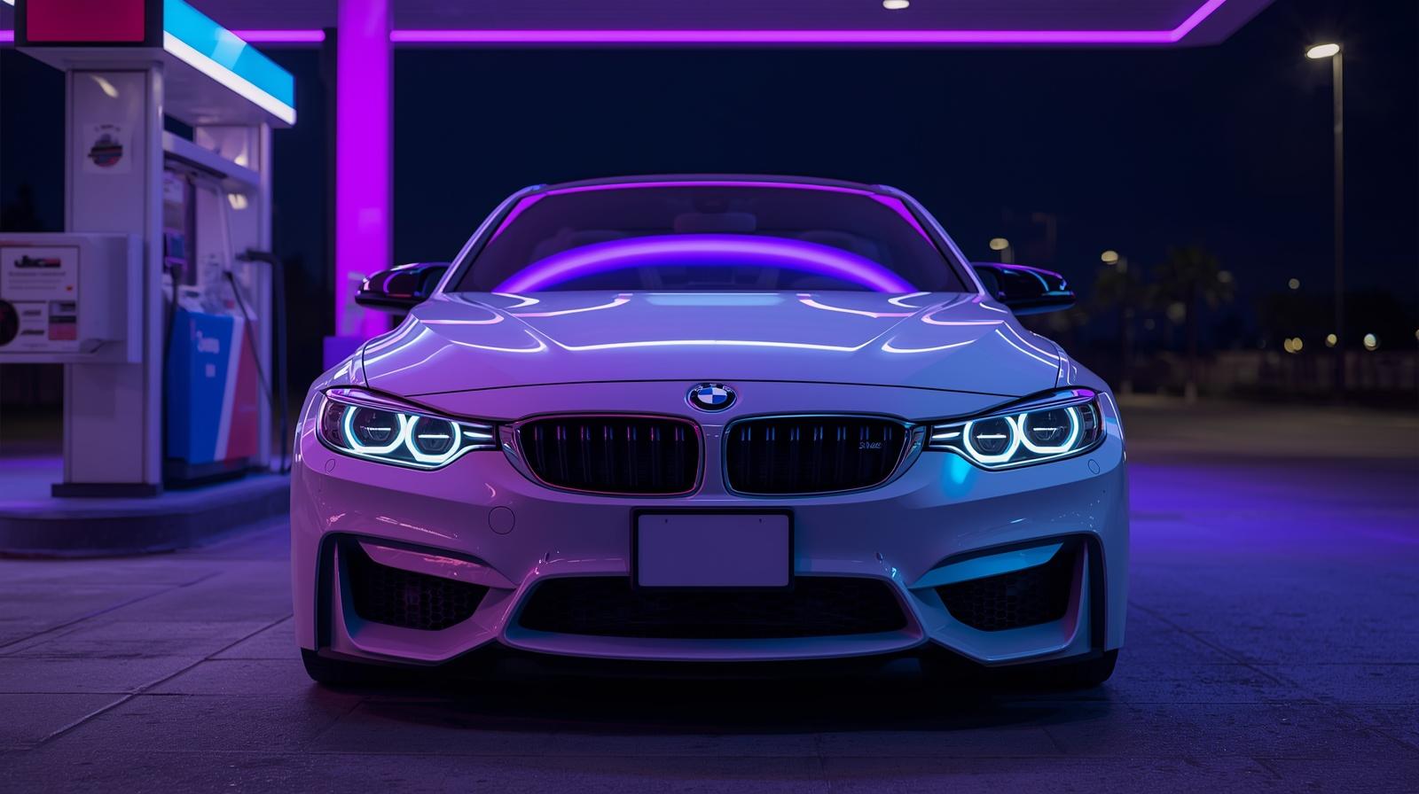 Car parked under a colorful neon-lit canopy at night
