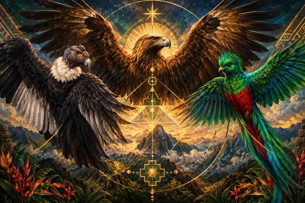 Painting of a condor, an eagle and a quetzal with wings spread above Andean mountains, joined by gold sacred geometry and a Chakana