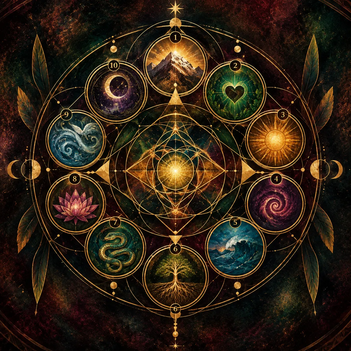 Painting of ten numbered medallions, among them a mountain, a heart, the sun, a spiral, a wave, a tree, a serpent, a lotus, wind and the moon, circling gold sacred geometry