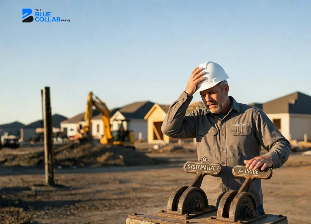 A construction worker in a hard hat stands at a site with his hand on his head in frustration, looking at two large levers labeled Systematize and Price.