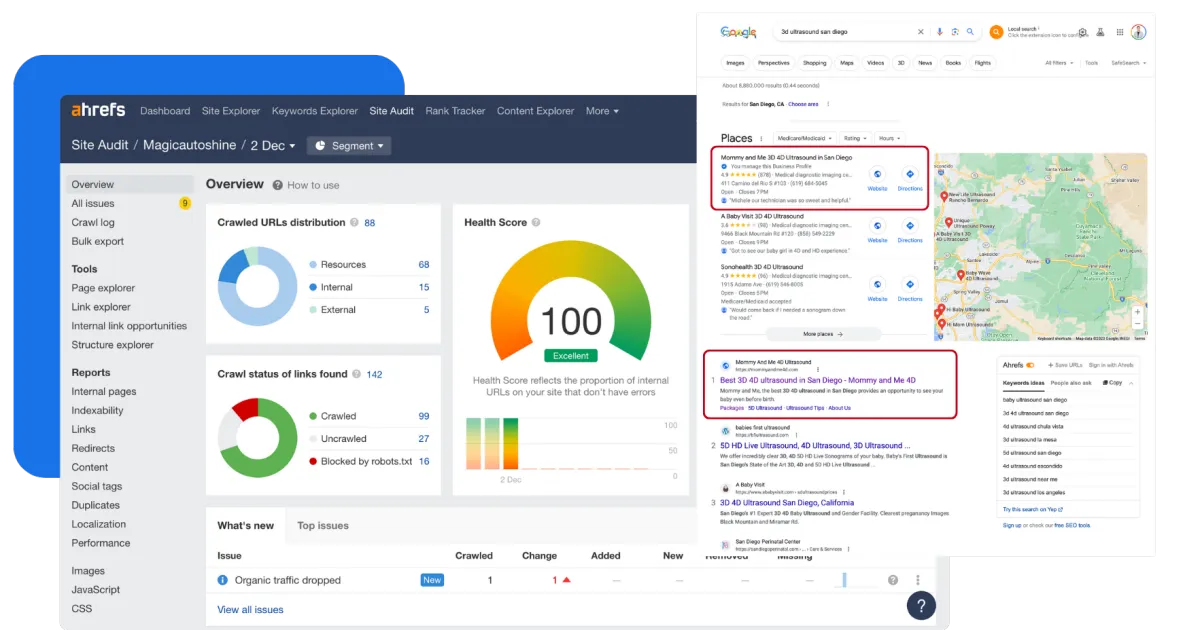 ahfers dashboard with a side of google page and google maps