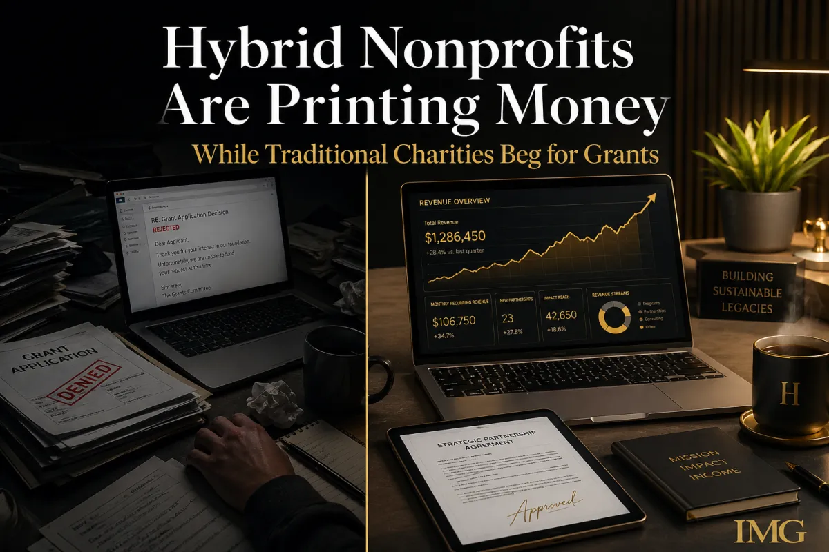 Hybrid nonprofit revenue dashboard contrasted with grant rejection emails on dark editorial cover.