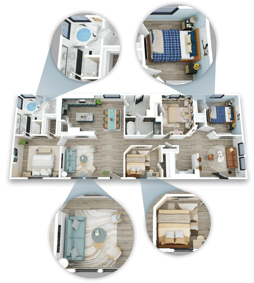Interactive 3D bird's-eye view floor plan of a 5-bedroom ALF layout showing compliance and furniture placement.