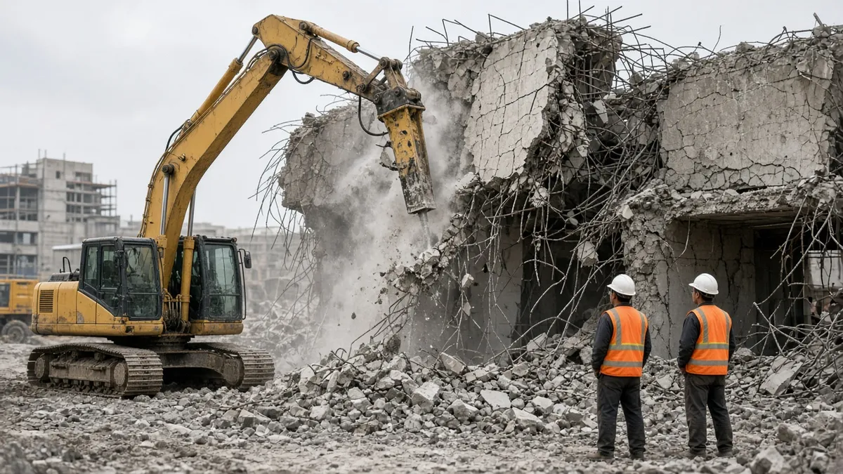 Controlled building demolition using heavy construction equipment