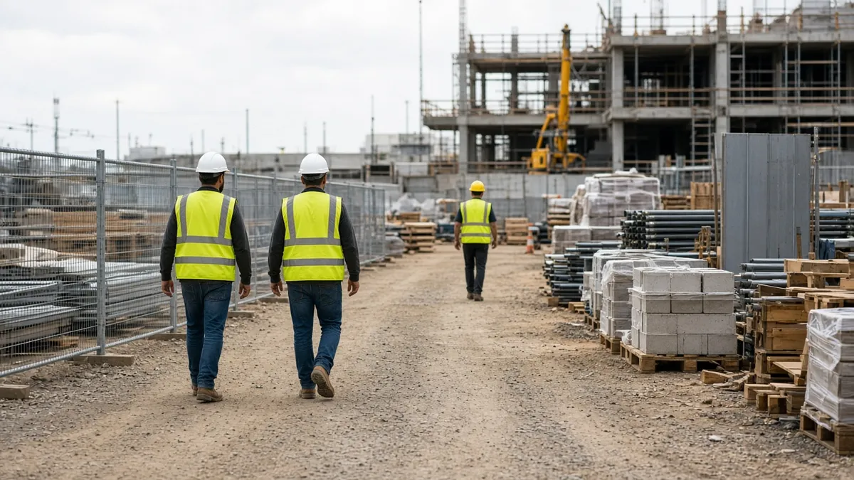 Safety professional inspecting and coordinating an active construction site