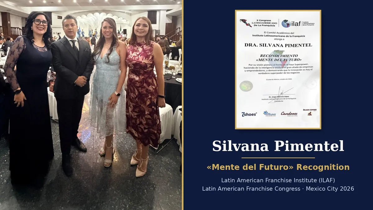 Silvana Pimentel at the ILAF congress awards dinner in Mexico City, beside her «Mente del Futuro» Recognition certificate, October 2026