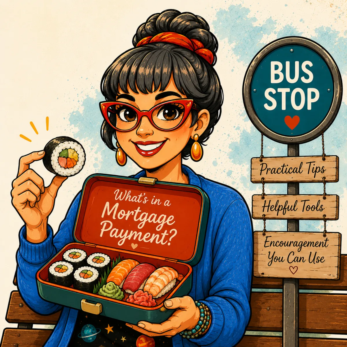 Illustration of a woman at a bus stop holding a lunch box, representing the Mortgage Tool Bus blog