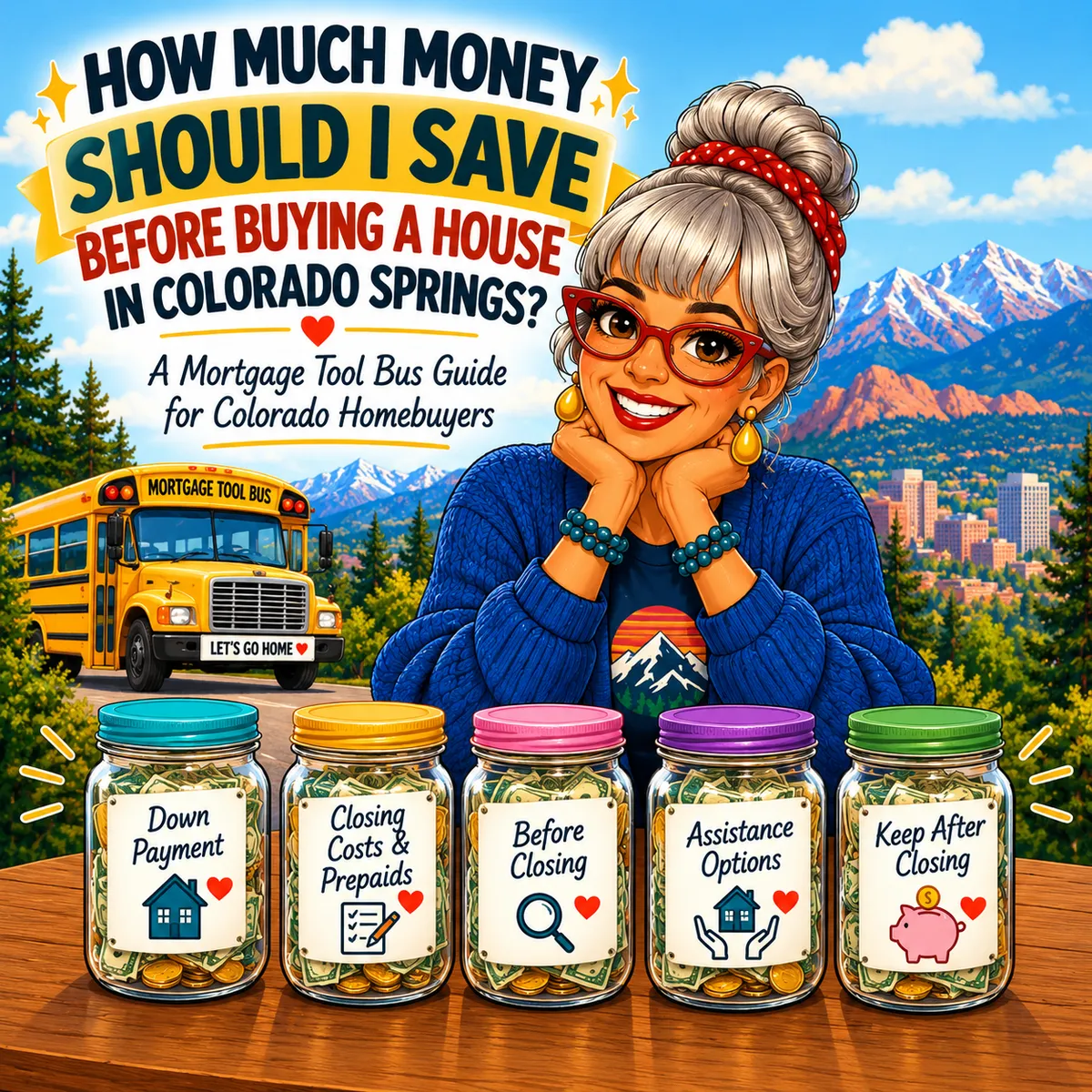 Mortgage Tool Bus illustration explaining how much money to save before buying a house in Colorado Springs, with five savings jars for down payment, closing costs and prepaids, before-closing expenses, assistance options, and savings to keep after closing.