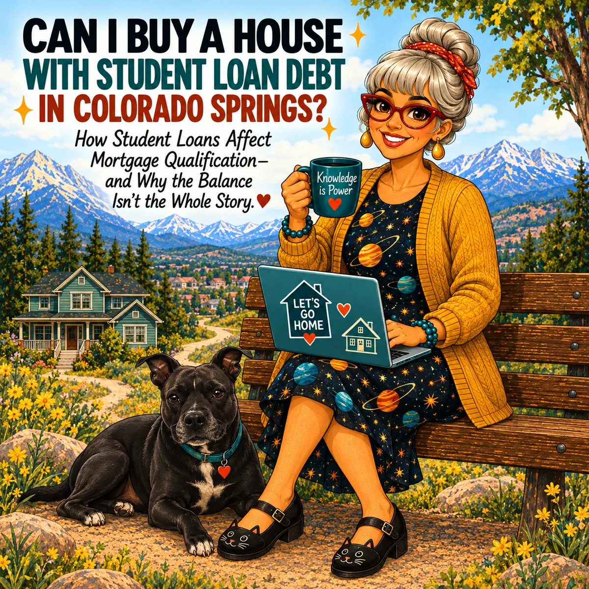 Illustration of a mortgage educator with her black Staffy in Colorado Springs, explaining how student loan debt affects mortgage qualification and homebuying.
