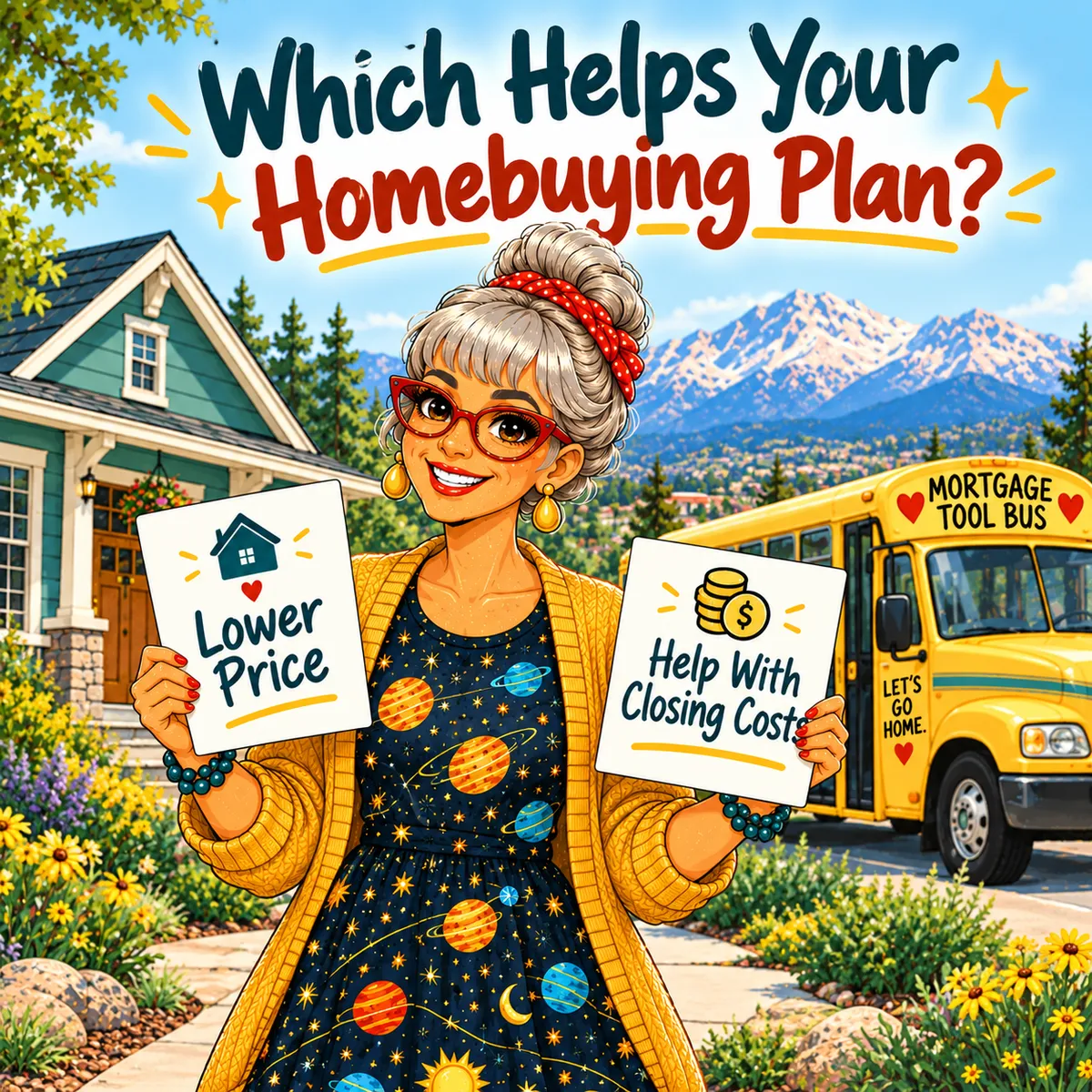 llustration of Kat from Mortgage Tool Bus holding Lower Price and Help With Closing Costs signs outside a teal Colorado Springs home, with Pikes Peak and a yellow mortgage bus in the background.