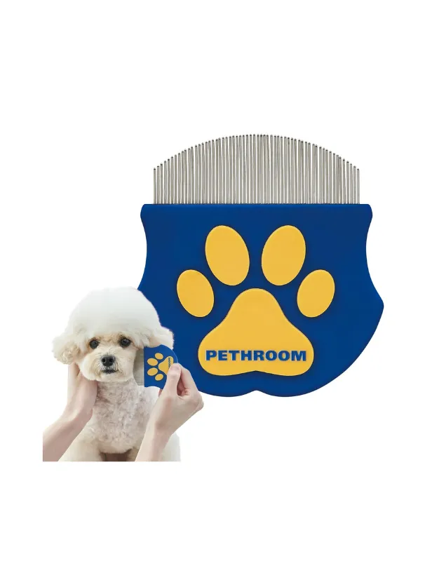 PETHROOM eye comb for Maltese dogs, featuring metal teeth for removing eye debris and tear stains, with a paw print design and a dog being groomed.