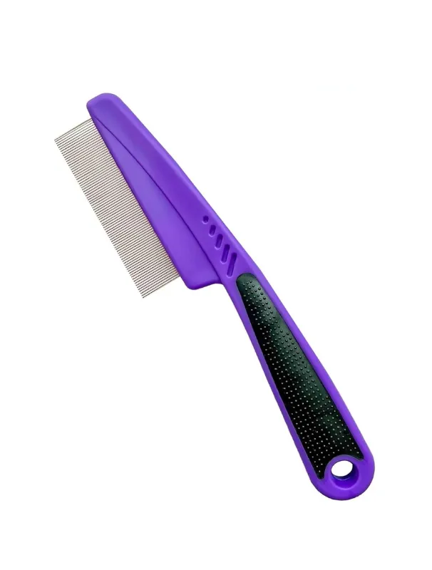 Purple grooming comb with fine metal teeth and a textured black handle, designed for removing debris and maintaining the coat of Maltese dogs.