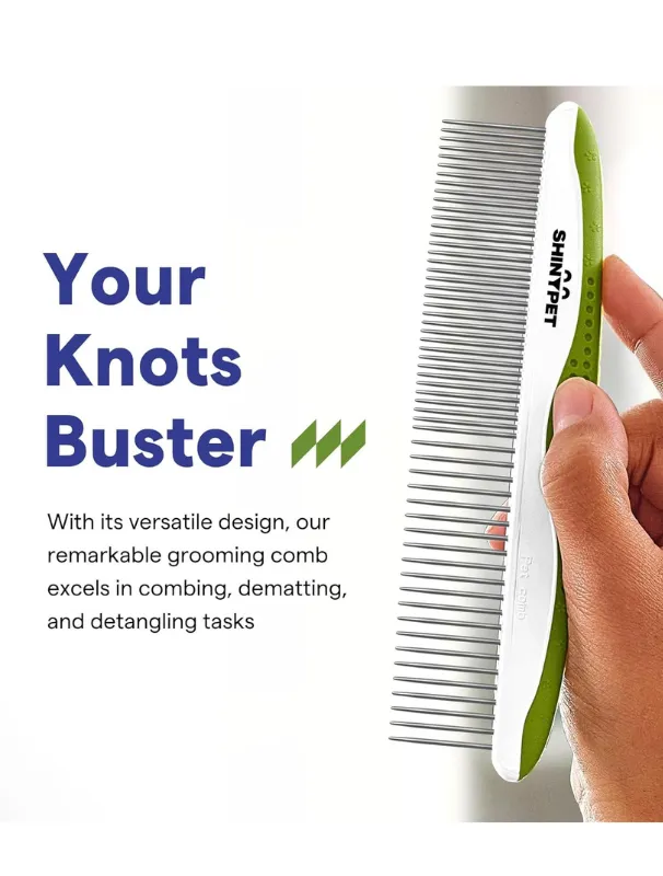 Grooming comb with fine metal teeth and ergonomic handle, designed for detangling and maintaining Maltese dog coats, featuring "Your Knots Buster" text.