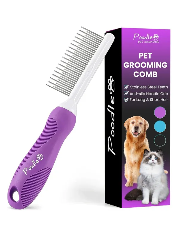 Poodle Pet Grooming Comb with stainless steel teeth and anti-slip handle grip, designed for long and short hair, featuring images of a golden retriever and a cat on the packaging.