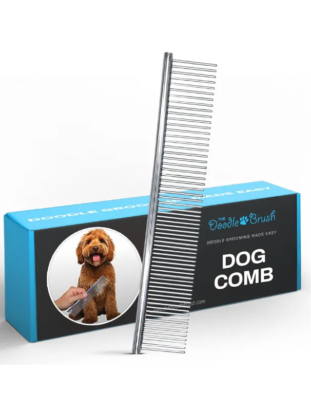 Stainless steel dog comb on packaging, featuring a smiling dog, promoting effective grooming for Maltese and similar breeds.