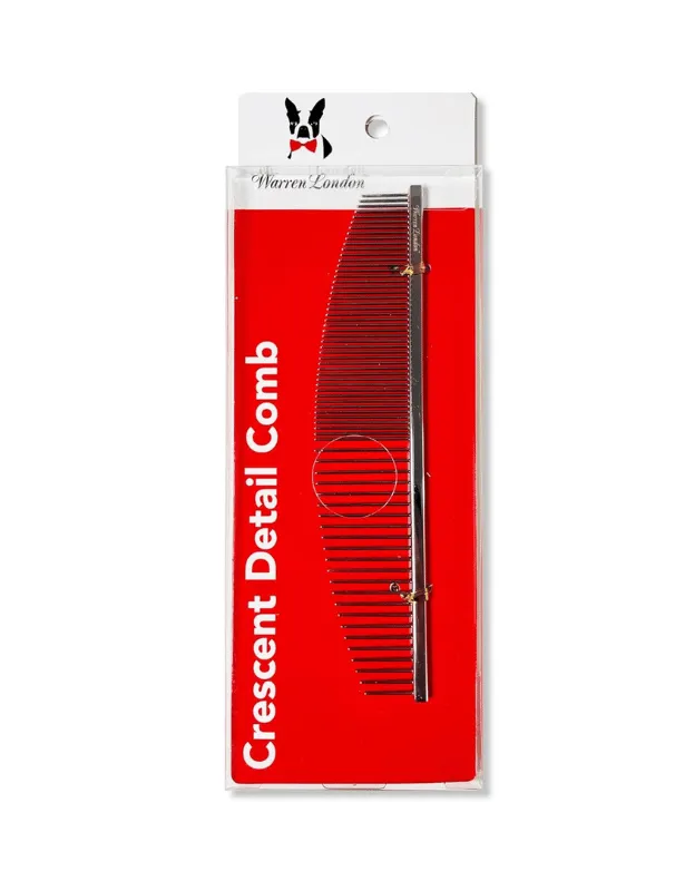 Warren London Crescent Detail Comb in packaging, designed for grooming Maltese dogs, featuring fine teeth for removing tangles and knots, with a smooth ergonomic handle for comfortable use.
