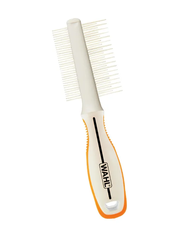 Wahl Flea & Finishing Comb with ergonomic handle, designed for removing fleas and detangling Maltese dog fur, featuring rounded teeth for snag-free grooming.