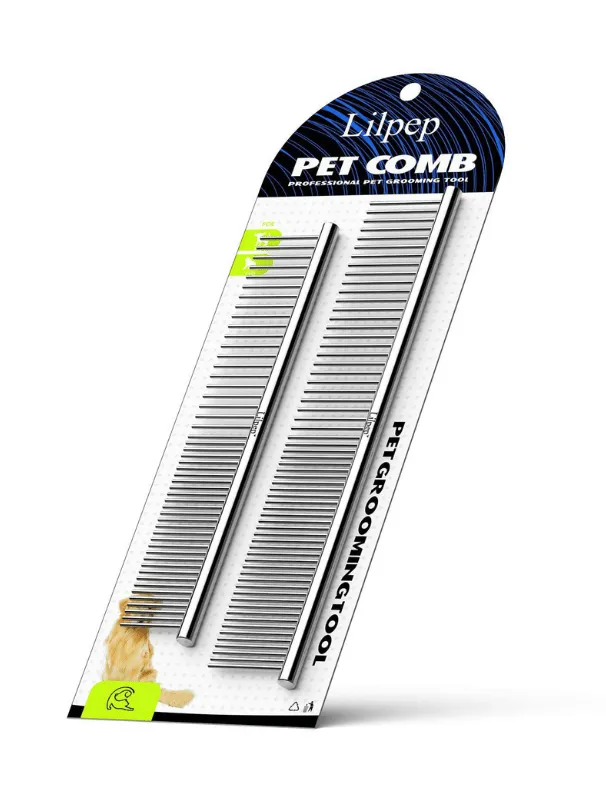 Lilpep stainless steel pet grooming comb set featuring dual teeth design for detangling and removing debris, promoting healthy coats for Maltese dogs.