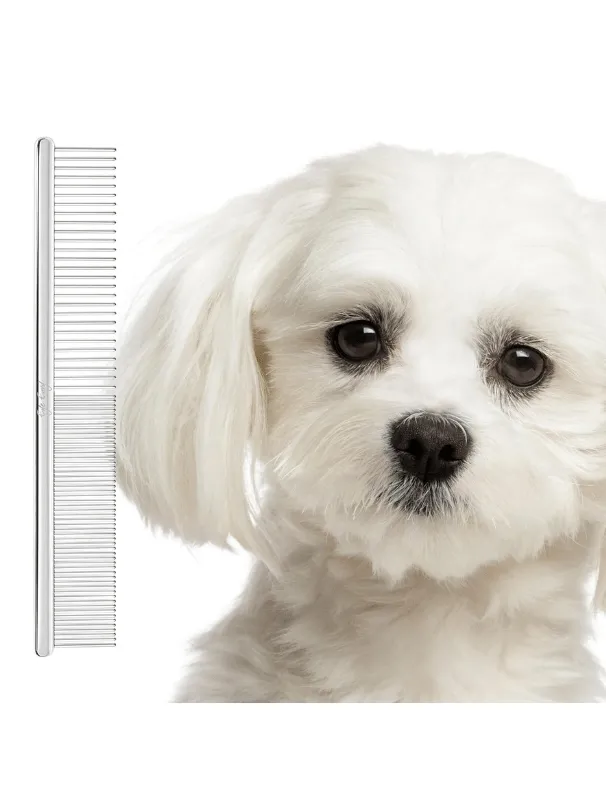 Maltese dog with a gentle grooming comb, highlighting features for removing tear stains and debris.
