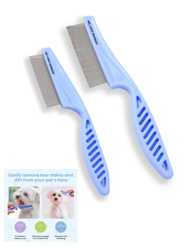Fine tooth grooming combs for Maltese dogs, designed to remove tear stains and debris, featuring a comfortable blue handle and a promotional card showcasing their benefits.
