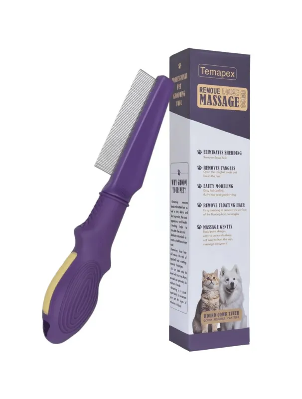 Pet grooming tool with fine teeth for removing loose hair and tangles, featuring a purple handle and packaging highlighting benefits for effective grooming and comfort.